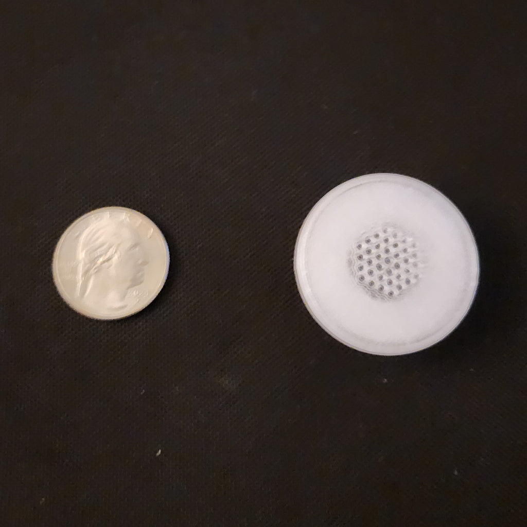 Mesh face of a 7/8 inch tub vent next to a US quarter
